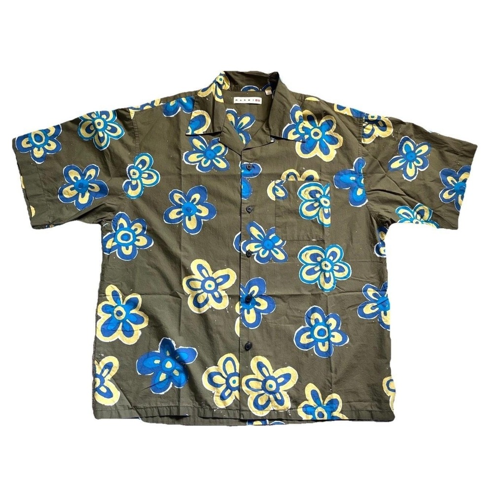Marni Uniqlo Oversize Floral Camp Collar Short Sleeve Shirt Men L Green Cotton - Picture 6 of 12